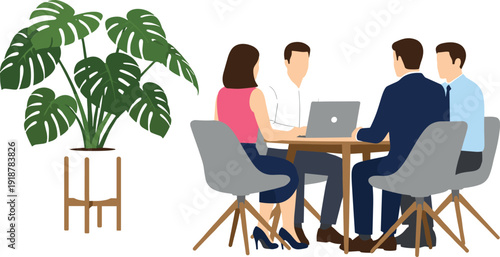 Professional business meeting illustration featuring corporate team working on laptop at office table with large indoor plant on white background.
