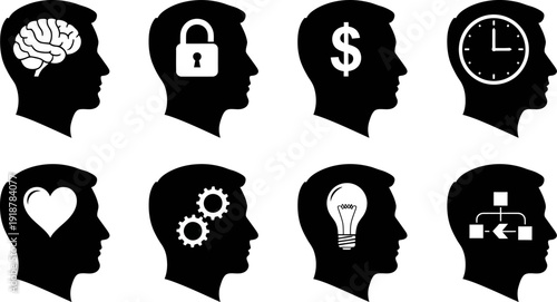 Human Head Silhouettes with Icons Representing Mind, Business, Time, and Emotions