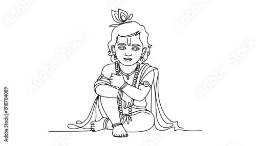 One continuous line illustration of an Lord Krishna isolated on white background.