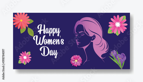 Women’s Day 8 March Celebration Promotional Advertising Banner Template, Modern Floral Women Silhouette Background for Website Header, Social Media Cover, Greeting Card Design