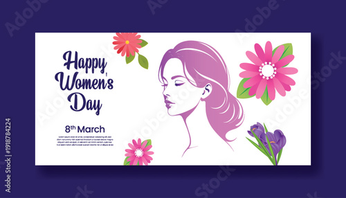 International Women’s Day 8 March Celebration Horizontal Banner Template with Floral Women Silhouette Illustration, Social Media Cover Header, Website Promotional Advertising Design Background