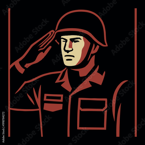 Military Soldier Saluting – Black and White Line Art Illustration