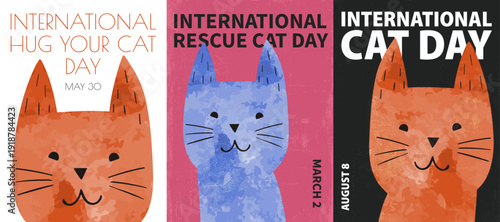 International Cat Day, Rescue Cat Day, Hug your Cat Day poster pack. Vector illustration series with cute cats for postcard, print, cover, brochure in retro, vintage, watercolor style
