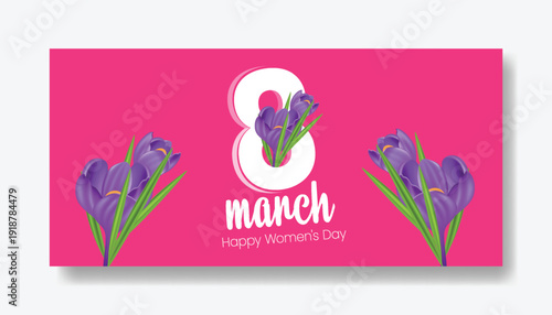 Happy Women’s Day 8 March Celebration Horizontal Banner Design, Floral Number Eight Vector Background, International Women’s Day Social Media Cover, Website Header, Promotional Marketing Template