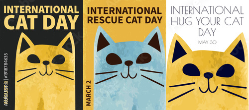 International Cat Day, Rescue Cat Day, Hug your Cat Day poster pack. Vector illustration series with cute cats for postcard, print, cover, brochure in retro, vintage, watercolor style