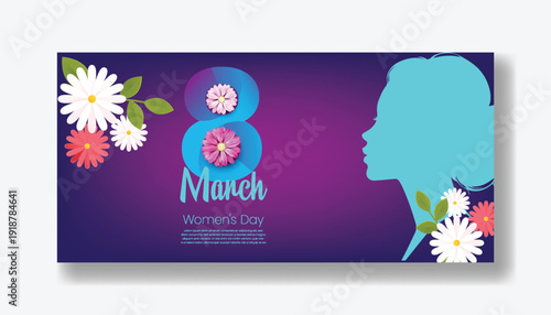 International Women’s Day 8 March Celebration Horizontal Banner Template, Floral Number Eight Vector Background, Women Silhouette Illustration, Social Media Cover Header, Website Promotion