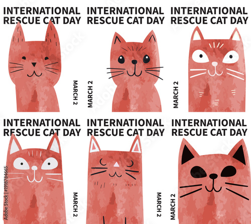 International Rescue Cat Day poster pack. Vector illustration series with cute cats for postcard, print, cover, brochure in retro, vintage, watercolor style
