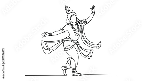 One continuous line illustration of an Lord Krishna isolated on white background.
