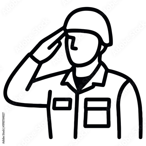 Military Soldier Saluting – Black and White Line Art Illustration