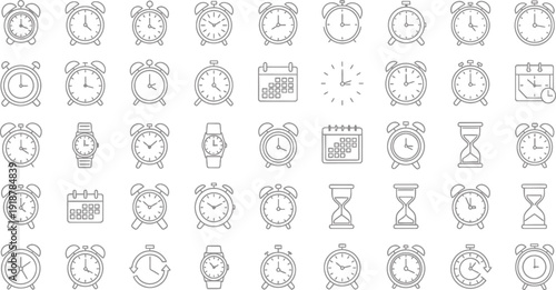 Comprehensive Set of Time and Clock Line Icons for Scheduling and Productivity