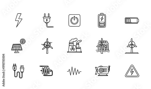 Electricity And Energy Line Icon Set Power Source Charging And Renewable Outline Symbols Vector Isolated On White Background