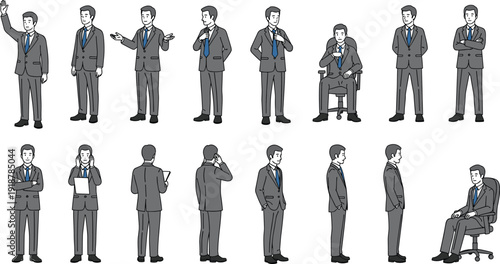 Set of businessman vector characters in formal suits performing various actions like waving, presenting, talking on phone, sitting, and standing.