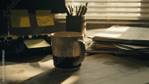 A peaceful concept of a sunlit office desk featuring a warm coffee mug, documents, and sticky notes, highlighting a focused workstation and daily productivity