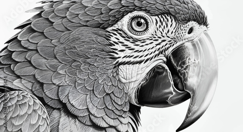 Detailed black and white illustration of a parrot's head.