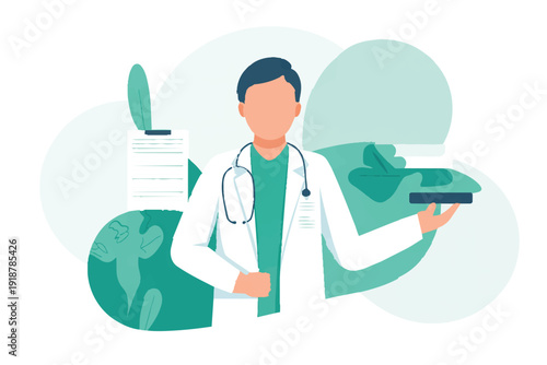 Cartoon doctor character with syringe and stethoscope working in a hospital medical environment illustration of healthcare profession and occupation concept