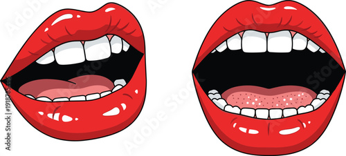 Sexy open female mouth with red lips white teeth and tongue in pop art style vector illustration isolated on white.