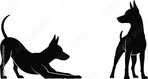 Black silhouette of two doberman dogs white background