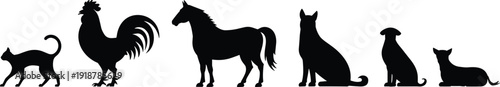 Black silhouettes of cat dog horse rooster and sheep on white background animal