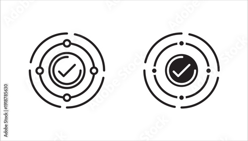 Minimalist line icon of a circular process with nodes and a check mark in the center. Concept of workflow completion, project success, quality assurance, and task approval. Simple outline vector isola