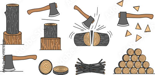 Wood Chopping Vector Icon Set with Axe, Firewood Logs, Tree Trunk, Cutting Process and Timber Pile for Lumberjack and Forestry Design.