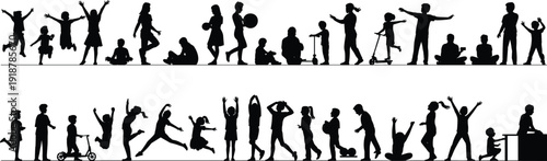 Black silhouettes of children in various poses and activities on white background