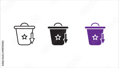 Minimalist line icon of a bucket with a star and downward arrow. Concept of removing favorites, deleting saved items, cleaning wishlist, and managing bookmarked content. Simple outline vector isolated