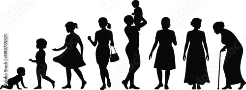 Black silhouettes of people in various stages of life human life cycle black and white