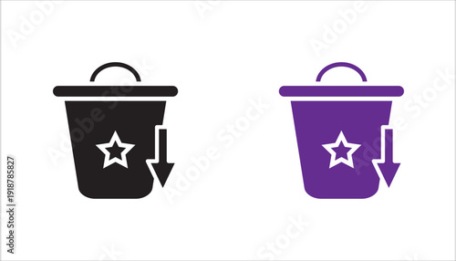 Minimalist line icon of a bucket with a star and downward arrow. Concept of removing favorites, deleting saved items, cleaning wishlist, and managing bookmarked content. Simple outline vector isolated