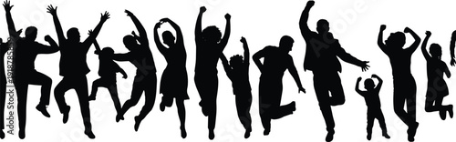 Black silhouettes of people jumping and celebrating with raised arms