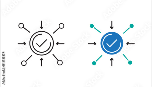 Minimalist line icon of a central check mark surrounded by arrows and connected nodes. Concept of validation, distribution, coordination, teamwork, and system integration. Simple outline vector isolat