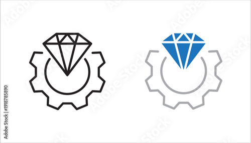 Minimalist line icon of a diamond above a gear. Concept of premium service, quality settings, luxury customization, value optimization, and high standard configuration. Simple outline vector isolated 