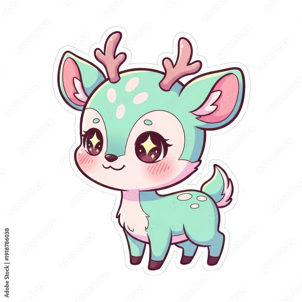 Fototapeta premium Adorable mint green baby deer with pink antlers and sparkling eyes, depicted in a cute kawaii cartoon style, isolated. isolated PNG with Transparent Background