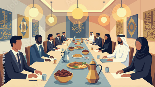 Diverse guests sharing meal in ornate Middle Eastern dining hall, long table feast