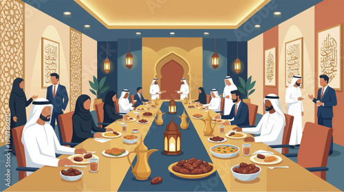 Traditional Middle Eastern banquet in ornate dining hall with guests in white robes