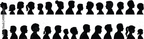 Black silhouettes of people with various hairstyles on white background