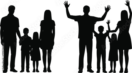 Black silhouettes of two families with parents and children family white background