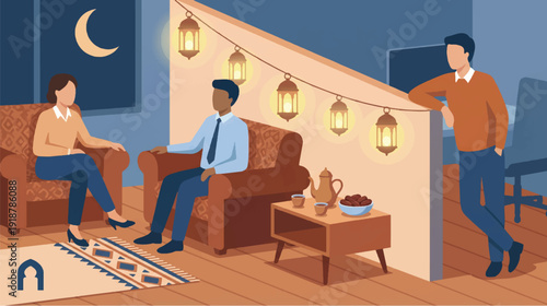 Cozy living room gathering with three friends under warm hanging lights