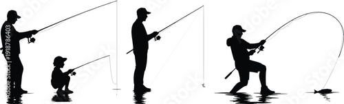 Silhouettes of people fishing with rods in water