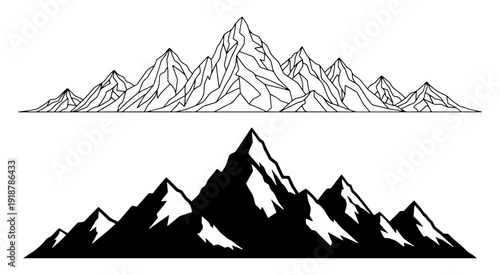 Mountain range peaks silhouette and line art illustration set isolated on a white background