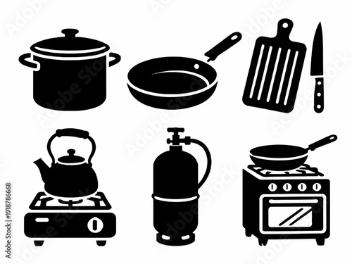 Kitchen utensils and cooking equipment icons set in black and white silhouette style.