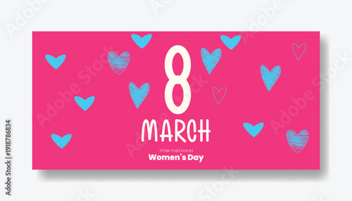 minimal 8 March International Women’s Day Horizontal Banner Template, hand draw heart shape Number Eight with Modern Female Silhouette Vector Background for Social Media Marketing Promotion