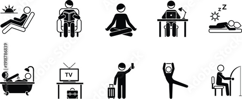 Black stick figure daily routine icons set, lifestyle activity pictogram collection including reading working sleeping travel yoga and leisure symbols vector illustration