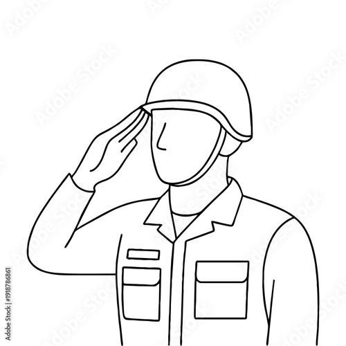 Military Soldier Saluting – Black and White Line Art Illustration