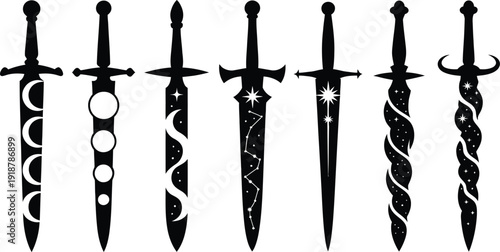 Set of fantasy swords featuring lunar phases, star patterns, and swirling nebulae, presented as clean black vector graphics on a white background.