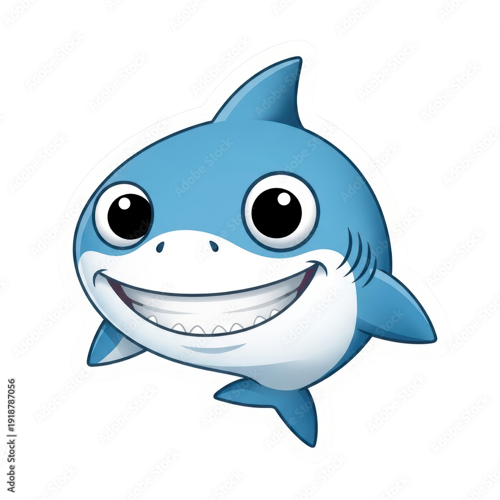Obraz premium Cute cartoon baby shark with a wide, toothy smile and big black eyes, rendered in a cheerful blue and white color palette, isolated. isolated PNG with Transparent Background