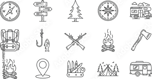 Camping and outdoor adventure line icons set, travel hiking campfire caravan compass and survival gear symbols vector