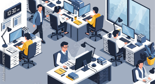 Isometric illustration of a busy open-plan office with multiple employees working at their desks with computers and office supplies.