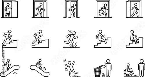 Building navigation and public wayfinding line icon set featuring emergency exit stairs escalator accessibility elevator and trash disposal symbols for facility management signage