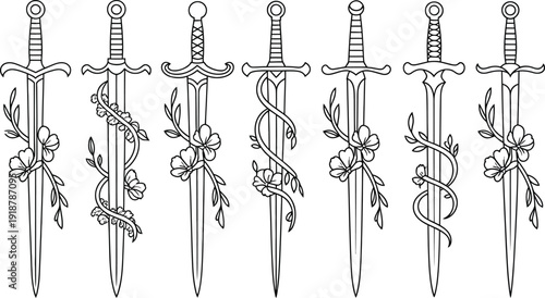 Delicate line art illustration of swords adorned with blooming flowers and winding vines, offering a graceful blend of strength and nature.