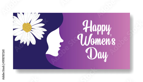 8 March Women’s Day Greeting Card and Horizontal Banner Design, Floral Background with Feminine Silhouette Vector Illustration for Social Media Cover Advertising Template